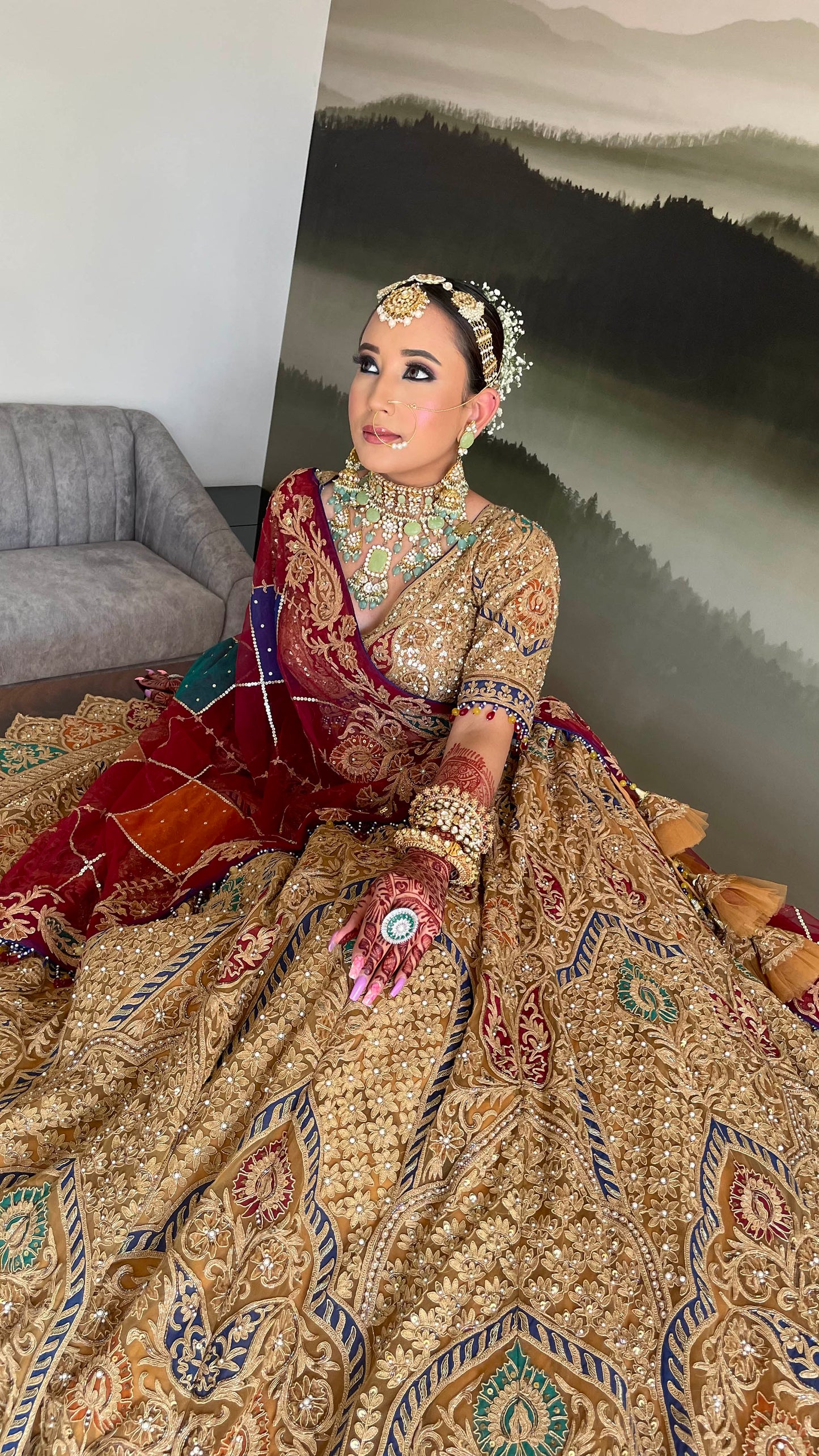 Designer Caramel and Red Net Embroidered Bridal Lehenga - Plus