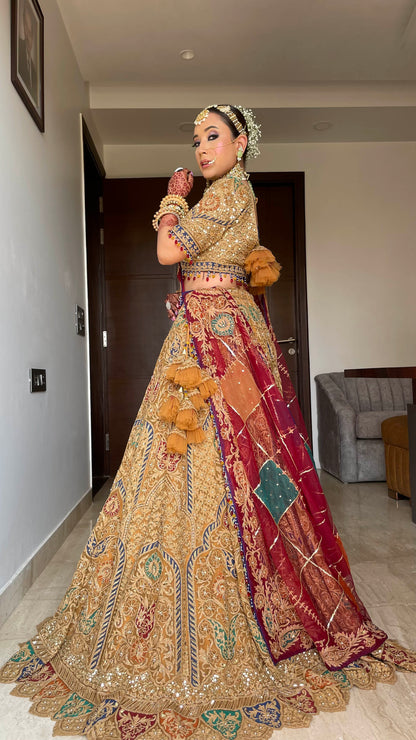 Designer Caramel and Red Net Embroidered Bridal Lehenga