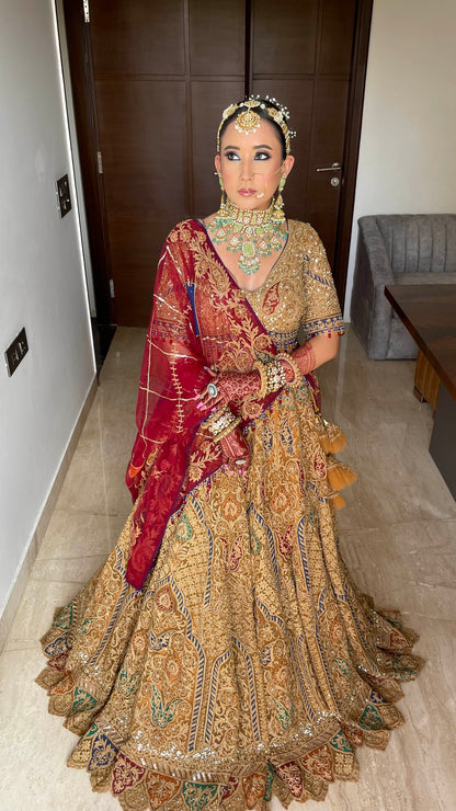 Designer Caramel and Red Net Embroidered Bridal Lehenga
