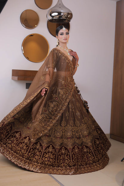 Brown Designer Raw Silk and Organza Hand Embroidered Bridal Lehenga