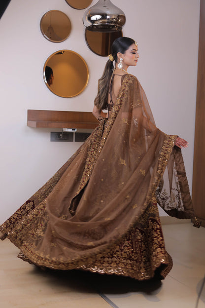 Brown Designer Raw Silk and Organza Hand Embroidered Bridal Lehenga