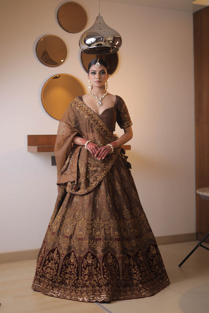 Brown Designer Raw Silk and Organza Hand Embroidered Bridal Lehenga