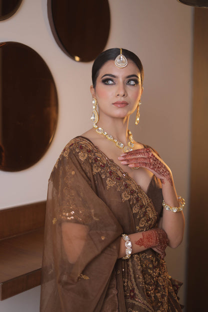 Brown Designer Raw Silk and Organza Hand Embroidered Bridal Lehenga
