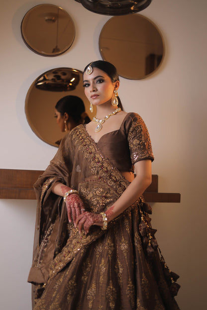 Brown Designer Raw Silk and Organza Hand Embroidered Bridal Lehenga