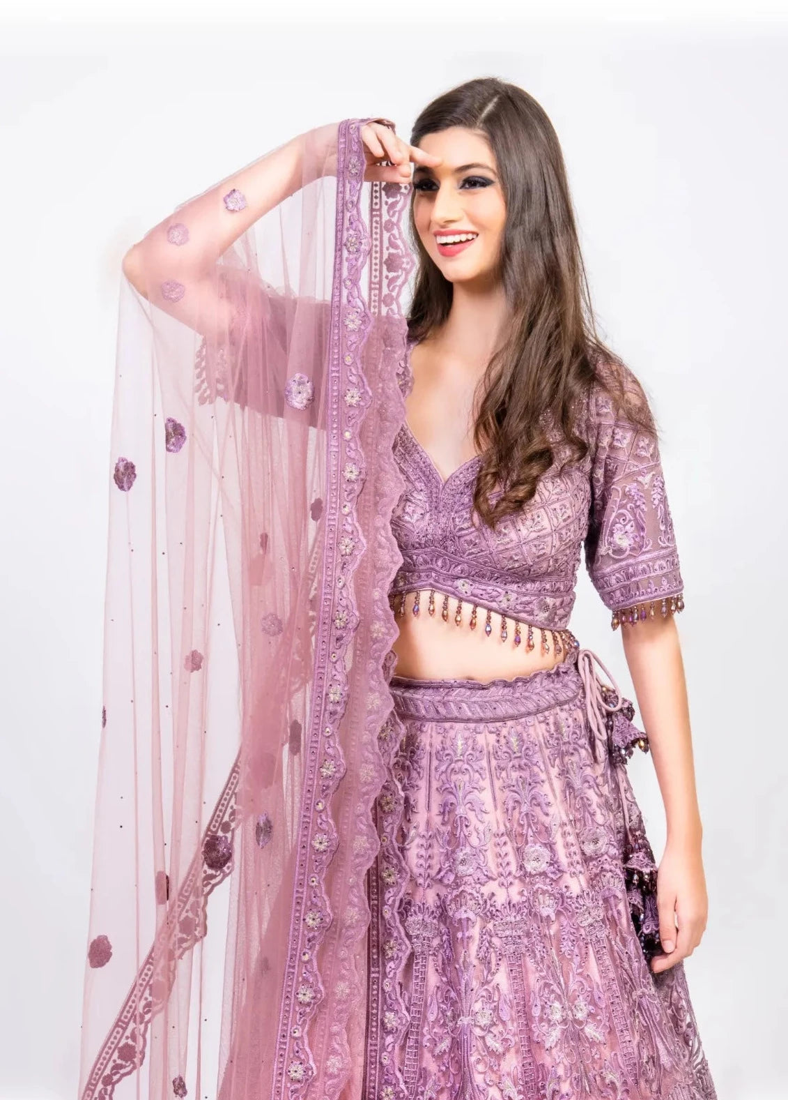 Lilac Designer Net Embroidered Bridal Lehenga