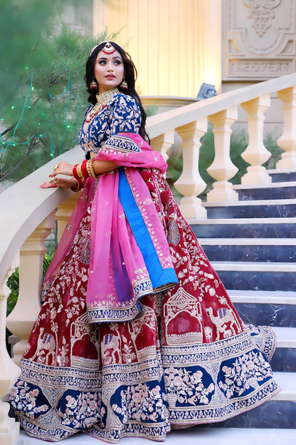 Pink and Blue Designer Velvet and Organza Hand Embroidered Bridal Lehenga