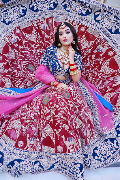 Pink and Blue Designer Velvet and Organza Hand Embroidered Bridal Lehenga