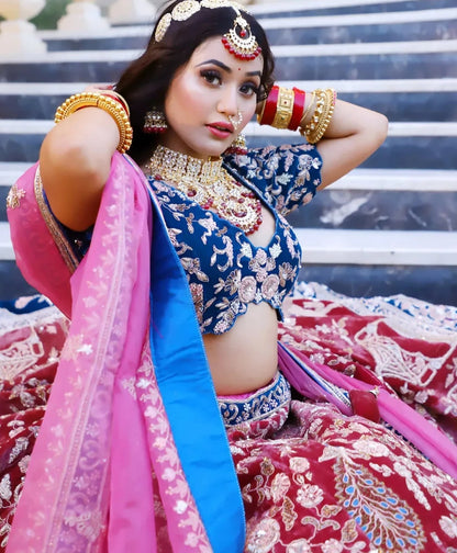 Pink and Blue Designer Velvet and Organza Hand Embroidered Bridal Lehenga