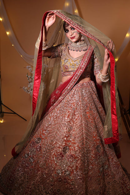 Designer Orange Color Embroidered Bridal Lehenga