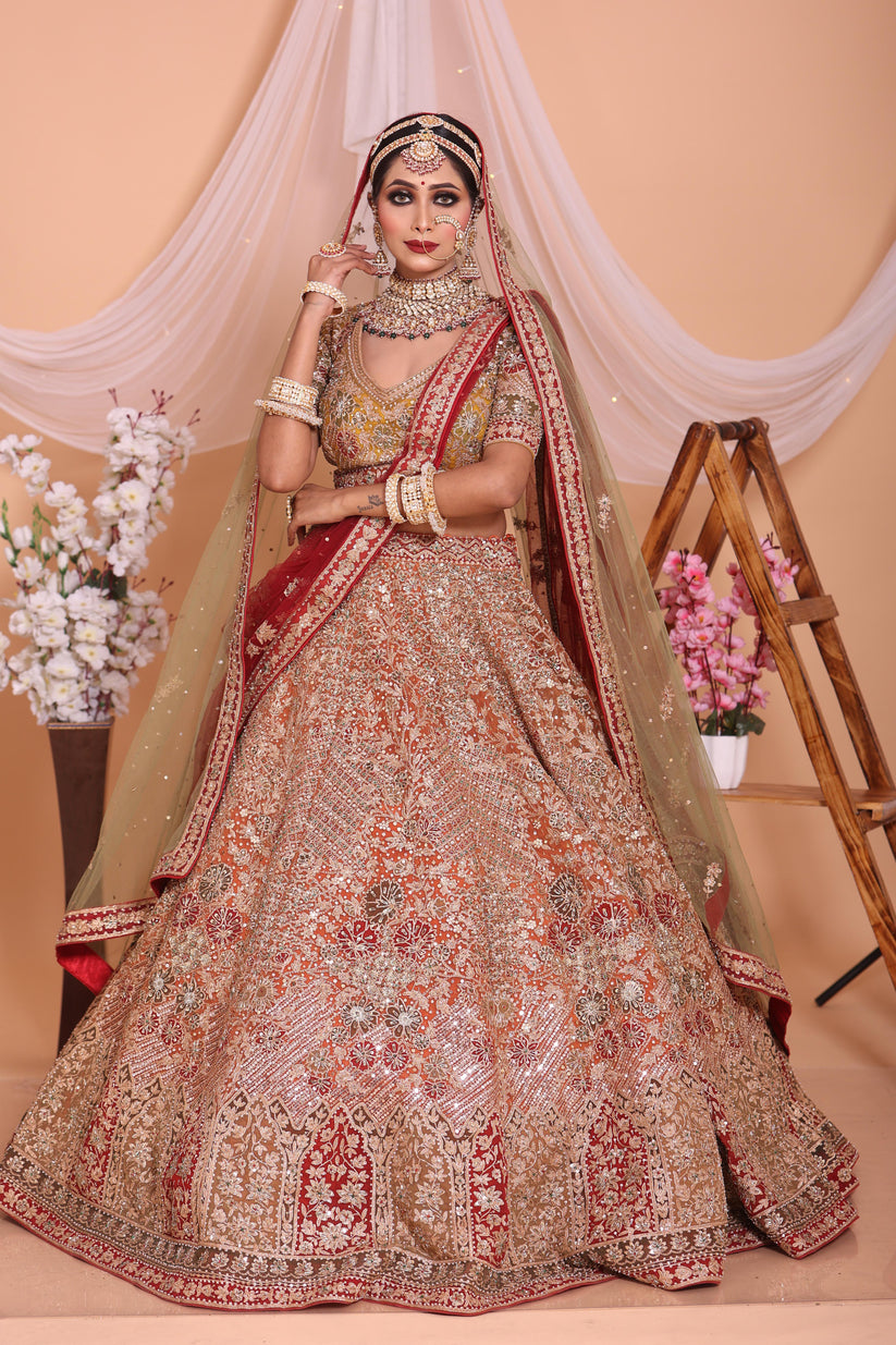 Designer Orange Color Embroidered Bridal Lehenga