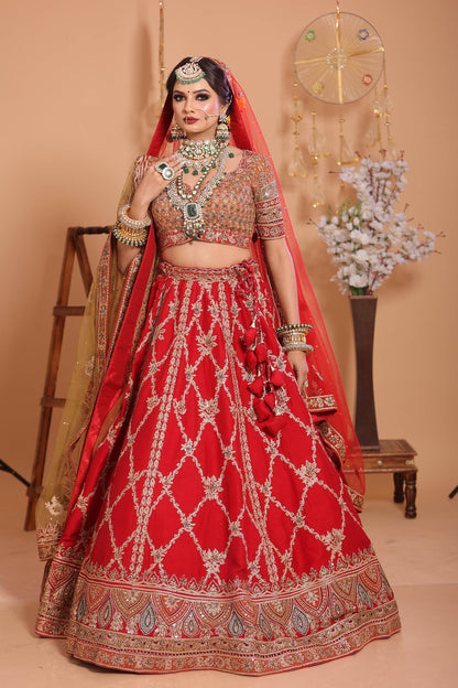 Red, Orange and mustard Designer Net Embroidered Bridal Lehenga