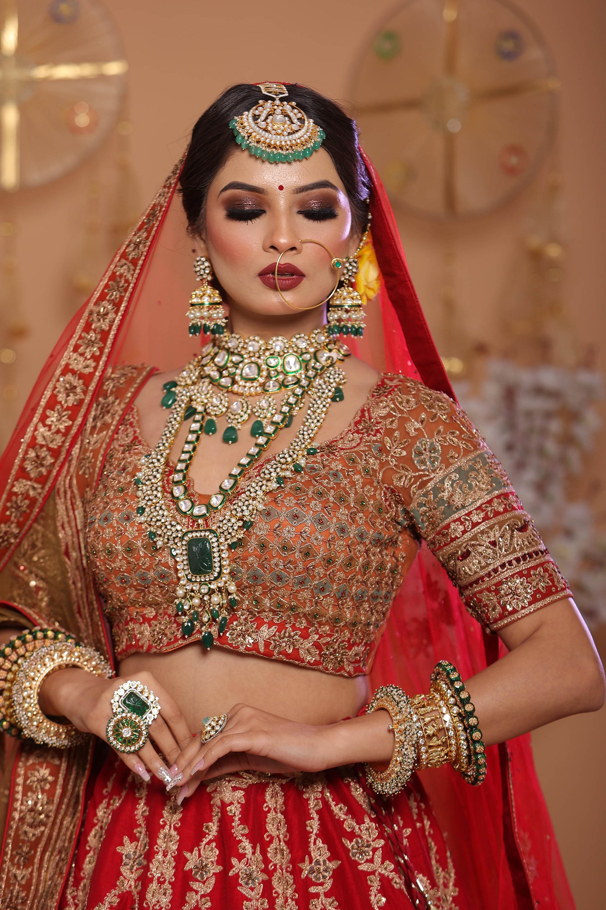 Red, Orange and mustard Designer Net Embroidered Bridal Lehenga