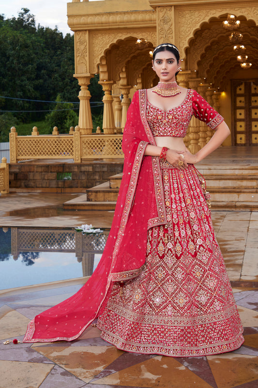Dazzling & Scarlet Red Silk Bridal Lehenga