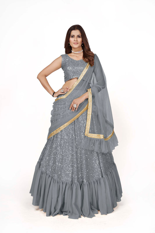 Grey Georgette Sequins Lehenga for Mehendi