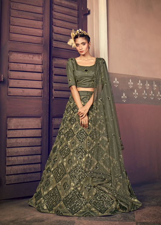 Olive Green Net Sequence Embroidered Lehenga Set