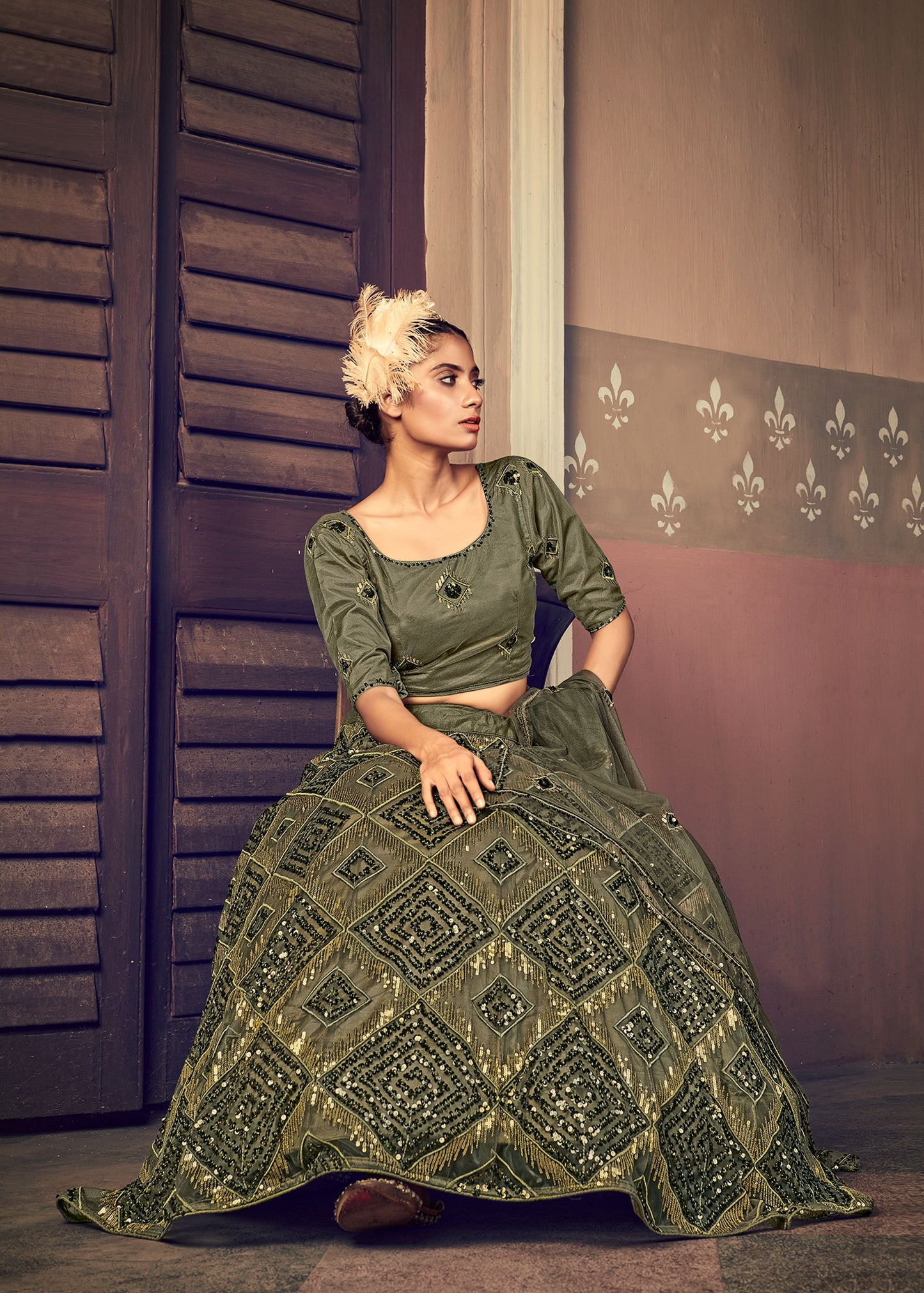 Olive Green Net Sequence Embroidered Lehenga Set