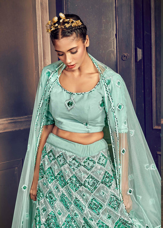 Elegant Blue Color Embroidered Net Lehenga Choli
