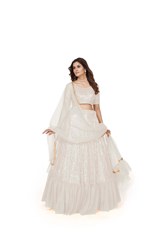 White Georgette Sequins Lehenga for Engagement
