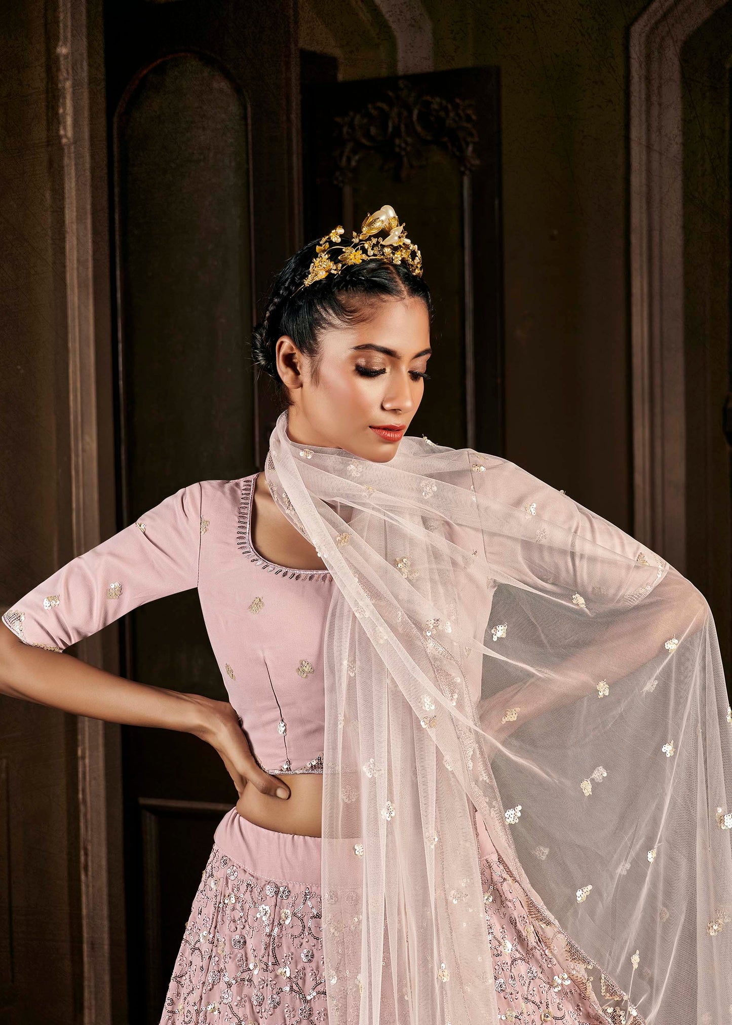 Attractive Pastel Pink Embroidered Lehenga