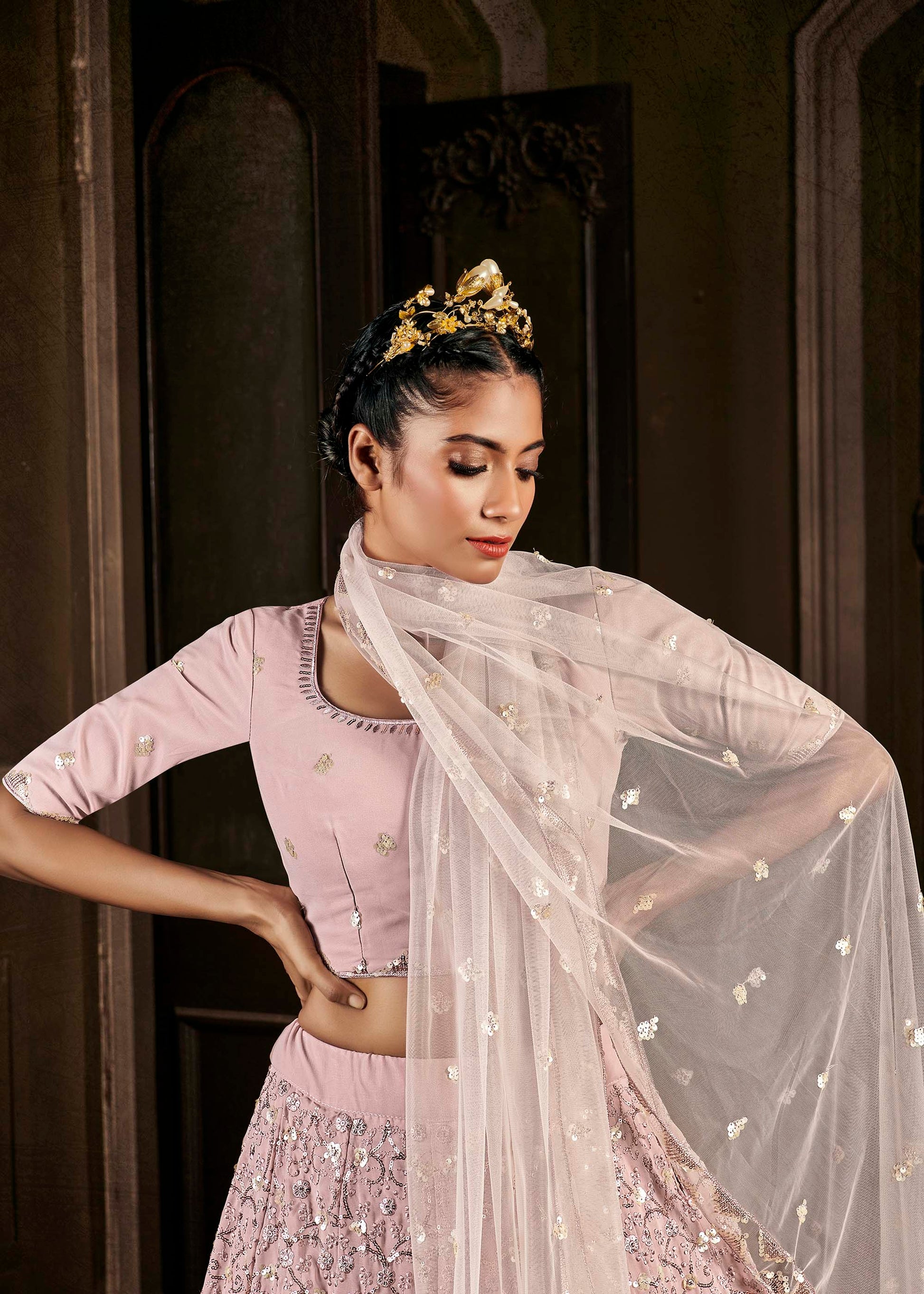 Attractive Pastel Pink Embroidered Lehenga