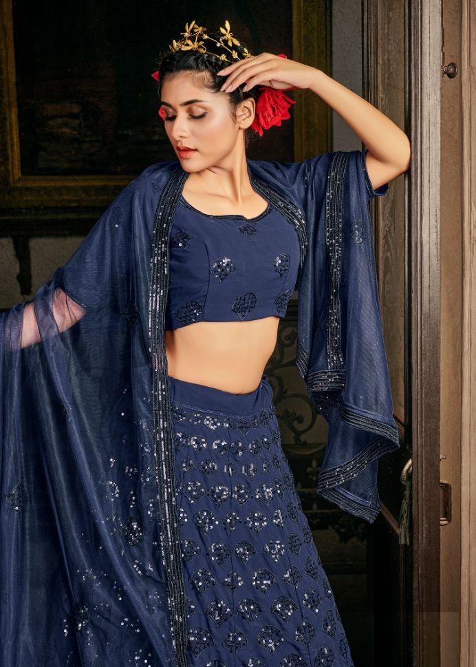 Navy Blue Georgette Sequence Embroidered Lehenga