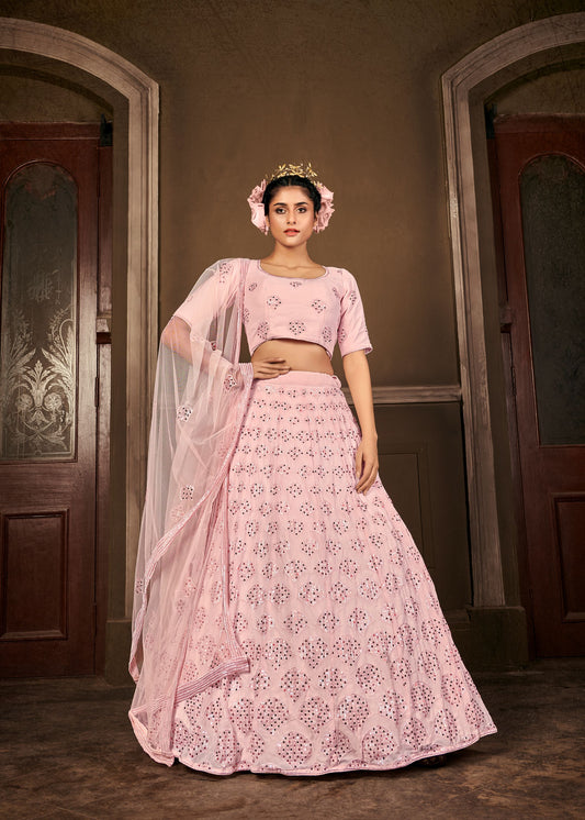 Pink Georgette Embroidered Wedding Guest Lehenga Set 1714a
