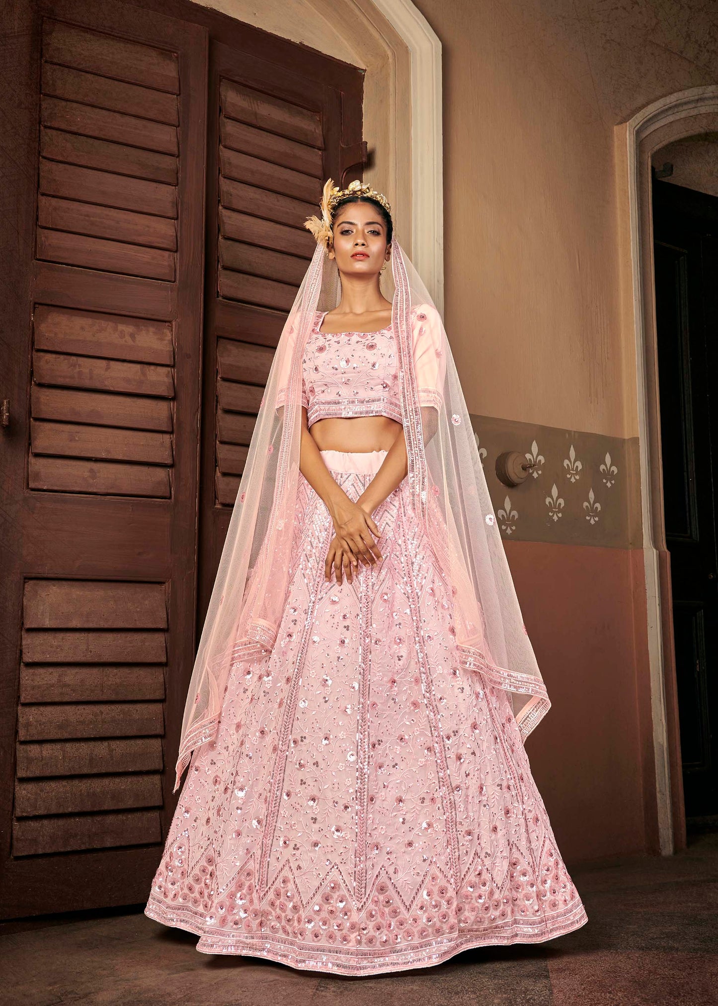 Pink Georgette Sequins Work Wedding Guest Lehenga 1716
