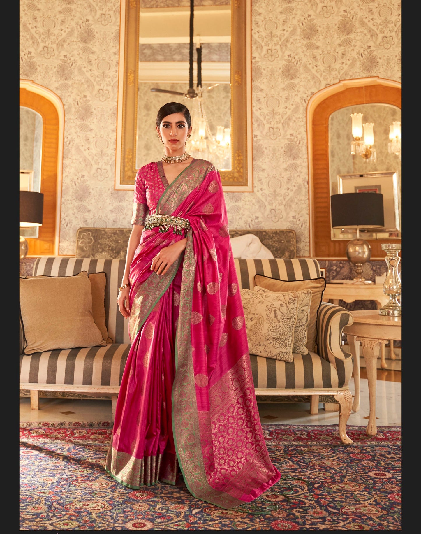 Deep Pink Partywear Zari Woven Silk Saree