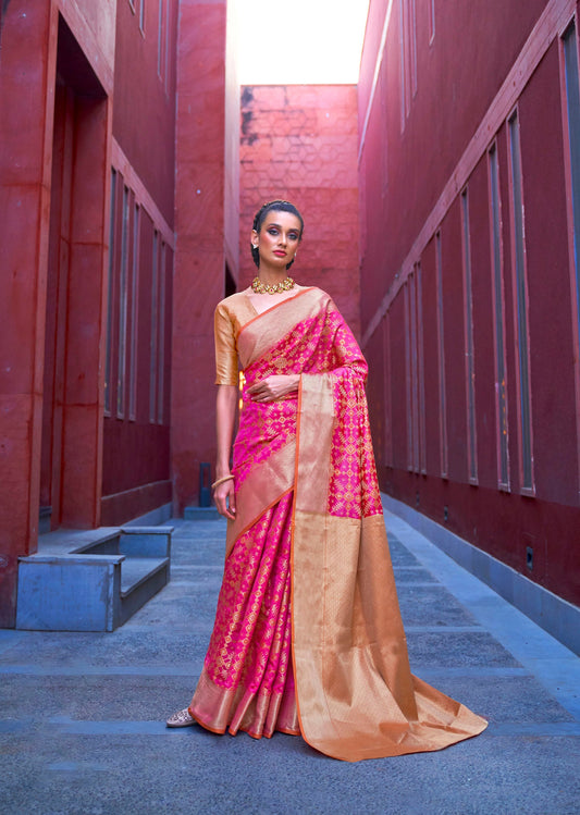 Pink Patola Zari Woven Silk Saree