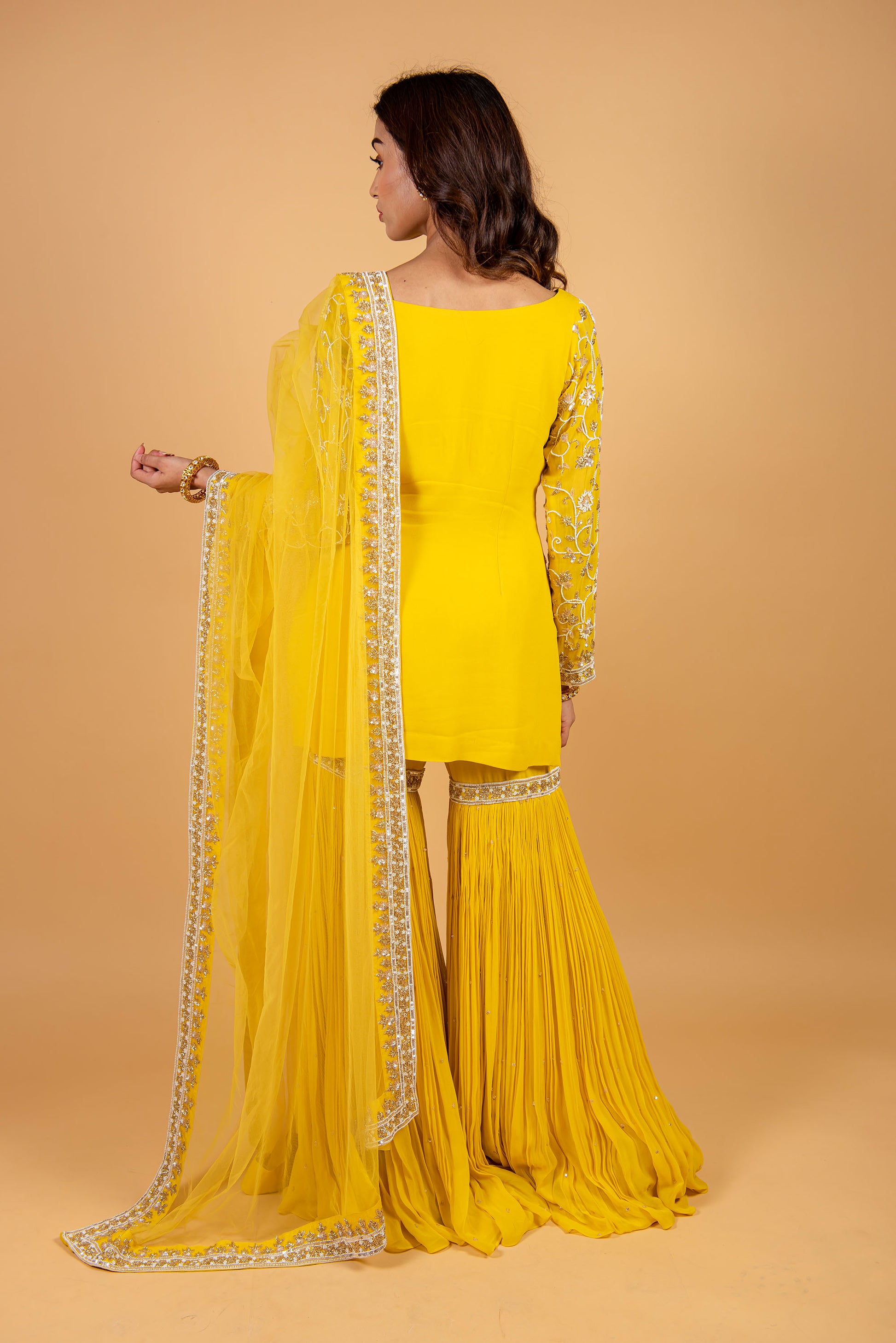 Yellow Color Net Embroidered Kurta Gharara Set for Haldi