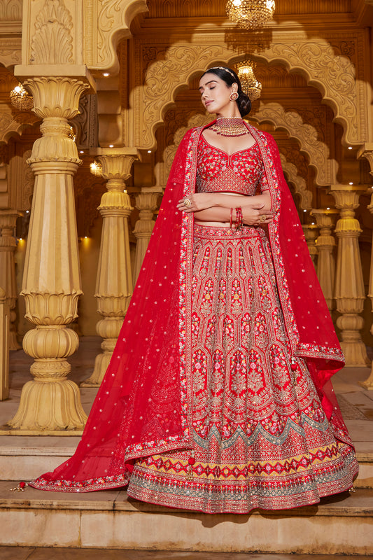 Dazzling Cherry Red Color Silk Bridal Lehenga