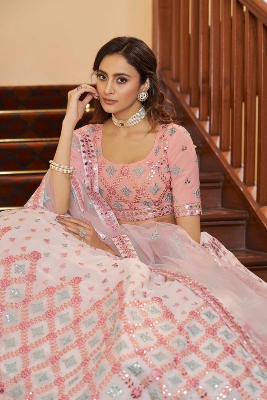 Dazzling Pink Embroidered Georgette Lehenga Choli for Wedding Guest 1941