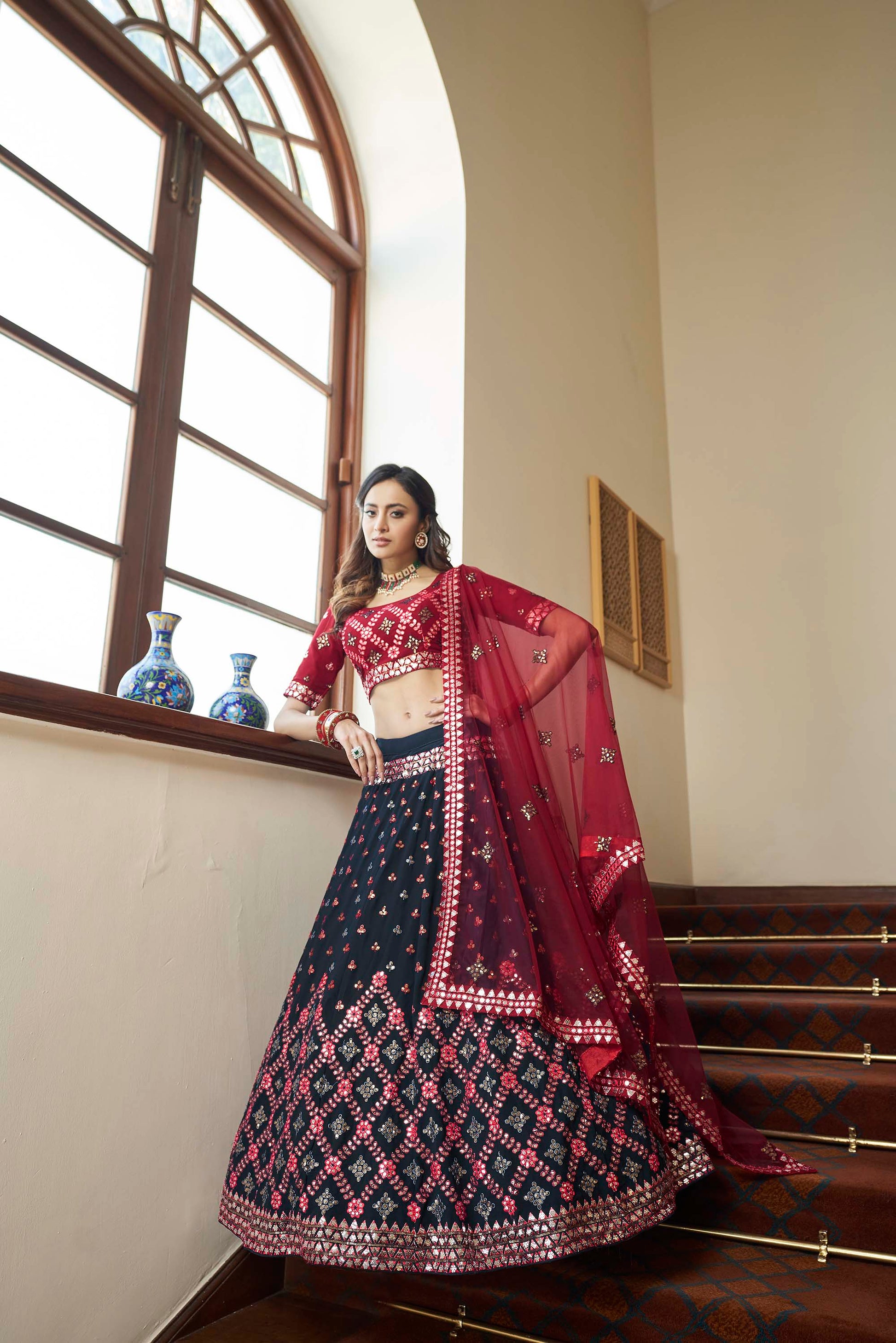 Teal Blue and Maroon Embroidered Wedding Guest Lehenga 1943