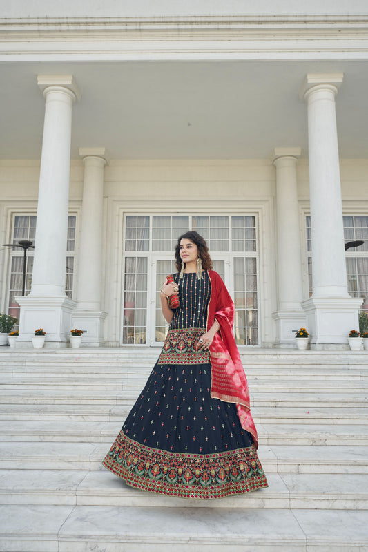 Navy Blue Faux Chiffon Trendy Lehenga Choli