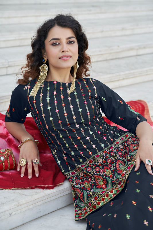 Navy Blue Faux Chiffon Trendy Lehenga Choli