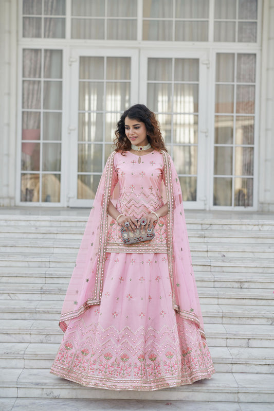Gota Work Pink Faux Chiffon Wedding Guest Lehenga 1952