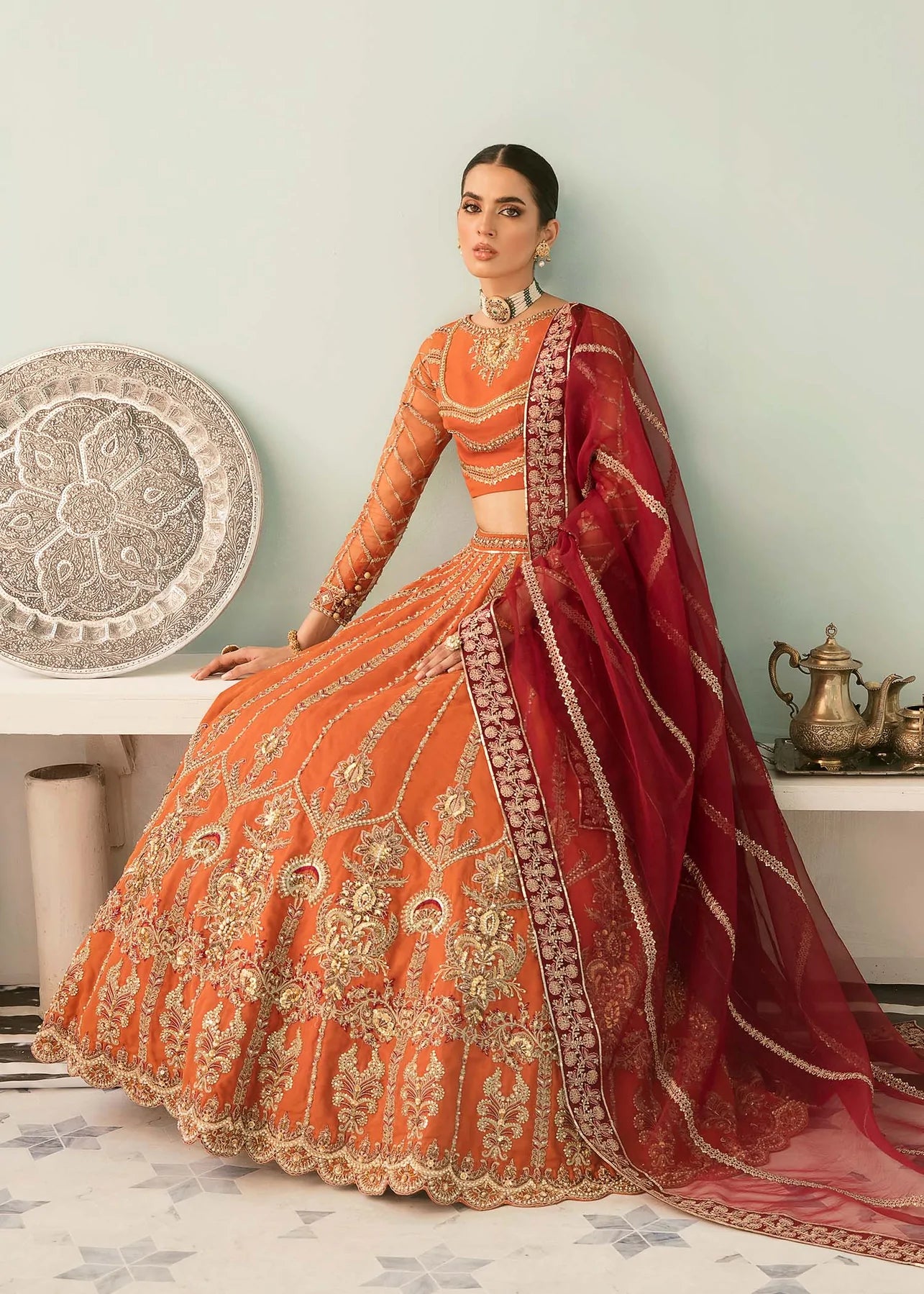 Orange Color Organza Embroidered Lehenga for Engagement 1433