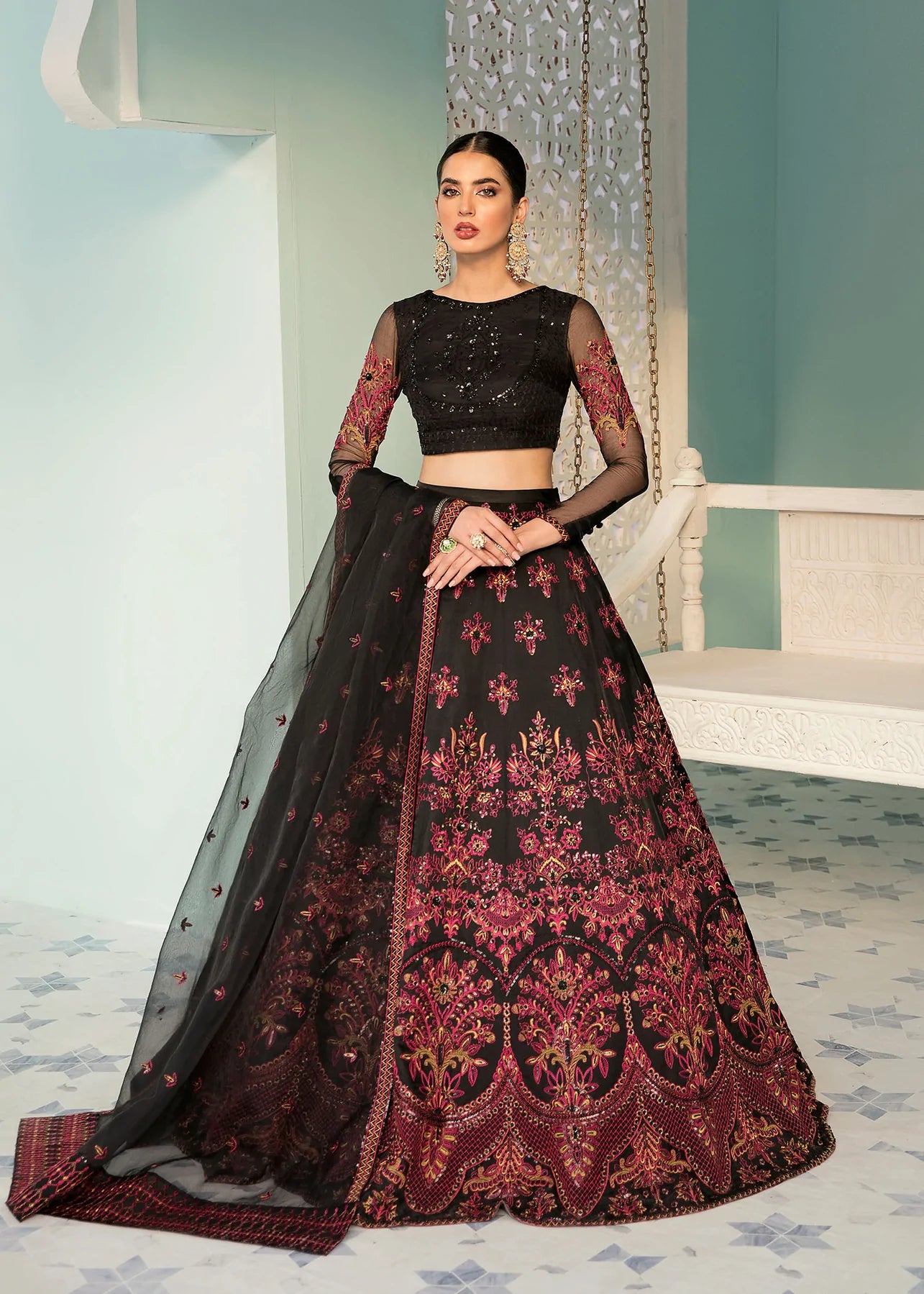 Black Color Floral Embroidery Lehenga 