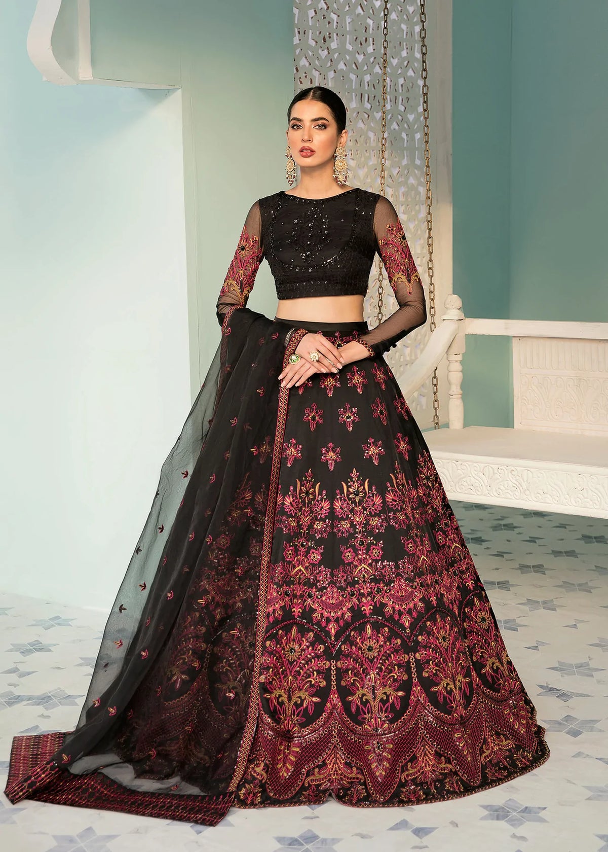 Black Color Floral Embroidery Lehenga 