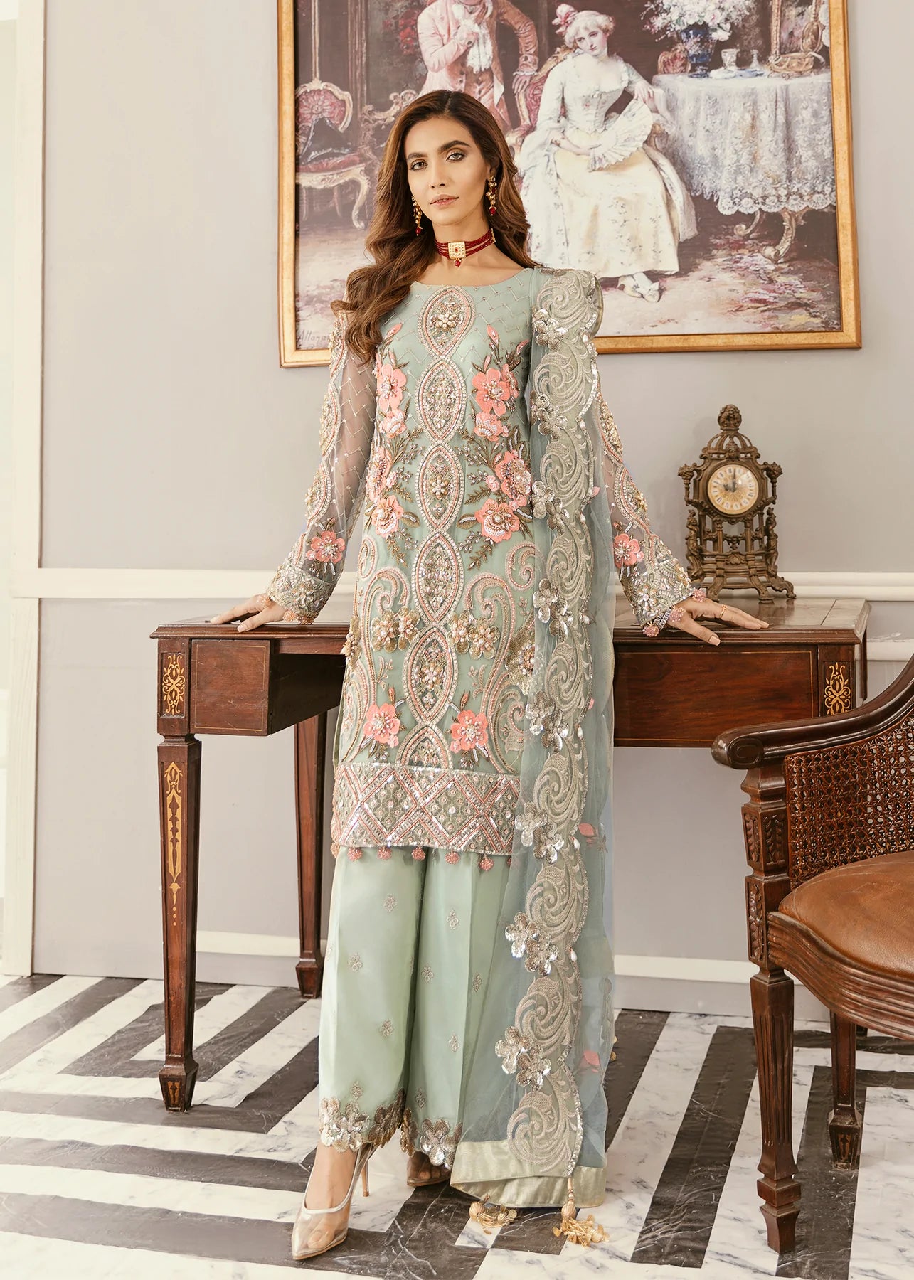 Pista Green Color Heavy Net Embroidery Kurta for Engagement