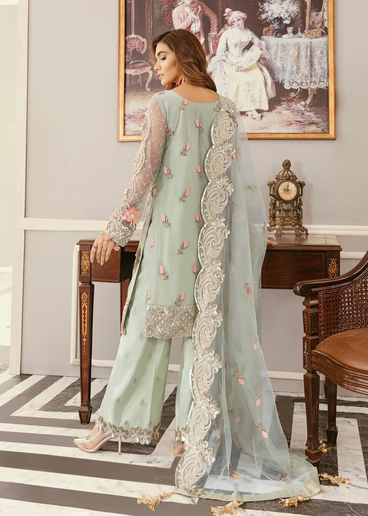 Pista Green Color Heavy Net Embroidery Kurta for Engagement