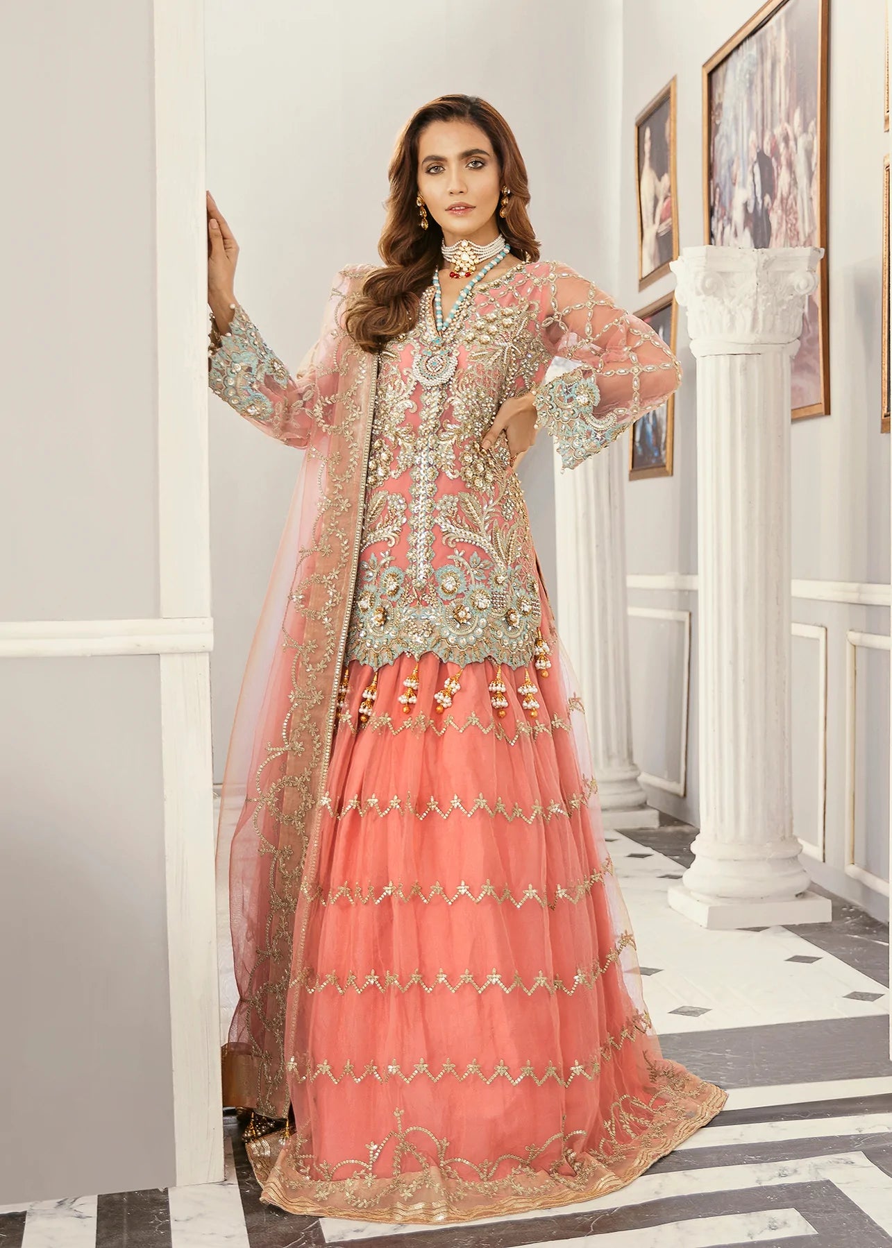 Peach Heavy Embroidery Net Pakistani Lehenga for Bridesmaid 1337