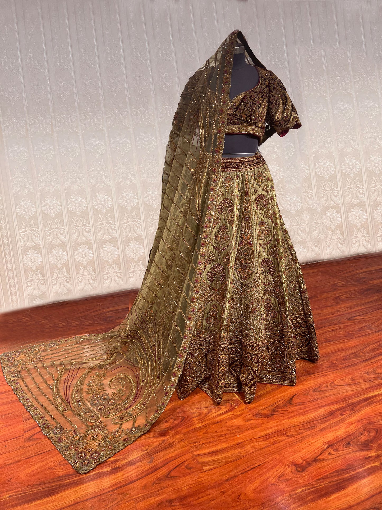 Designer Mehendi Brocade Hand Embroidered Dilbaug Bridal Lehenga