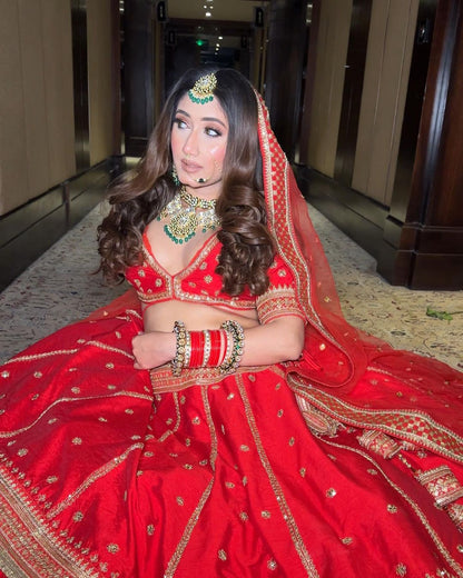 Red Designer Raw Silk Embroidered Bridal Lehenga