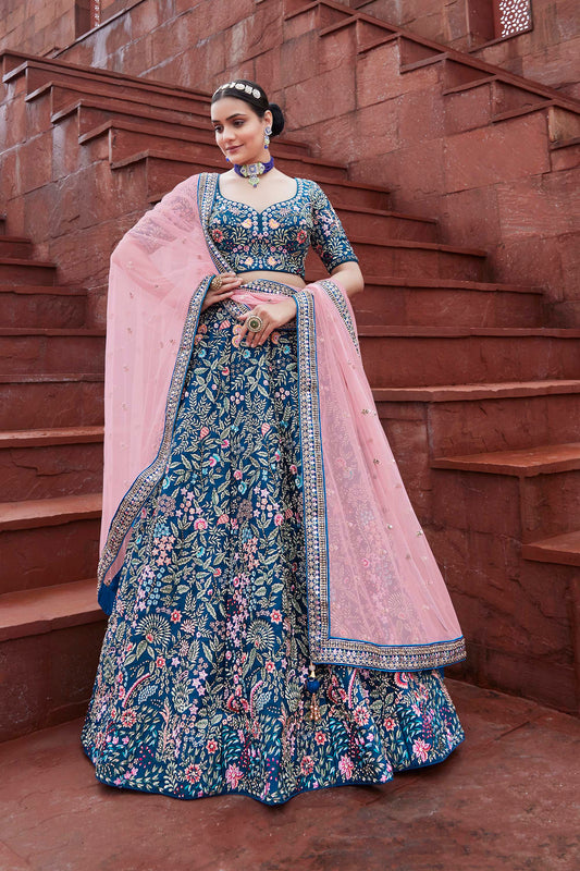 Navy Blue and Pink Silk Heavy Embroidered Lehenga Choli