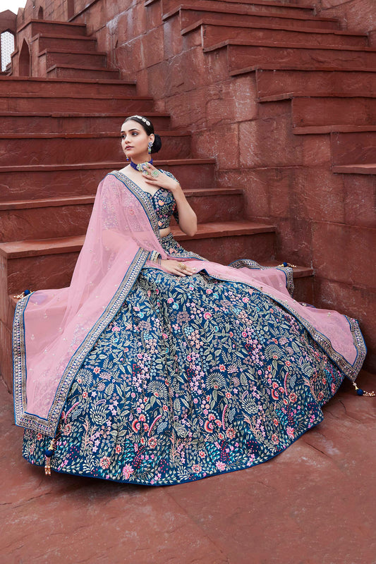 Navy Blue and Pink Silk Heavy Embroidered Lehenga Choli
