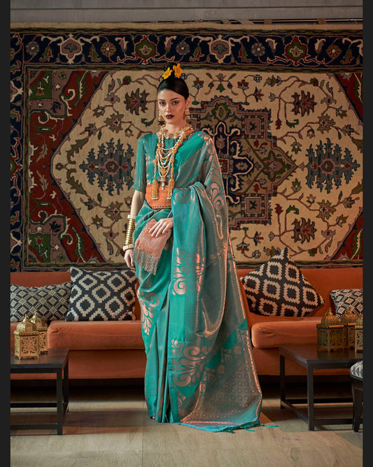 Teal Blue Woven Silk Banarasi Saree
