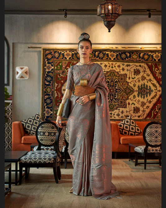 Grey Woven Silk Banarasi Saree