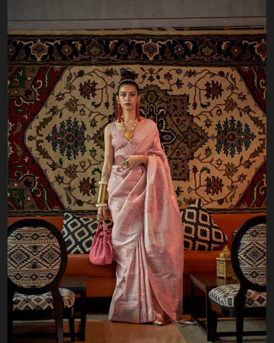 Pearl Pink Woven Silk Banarasi Saree