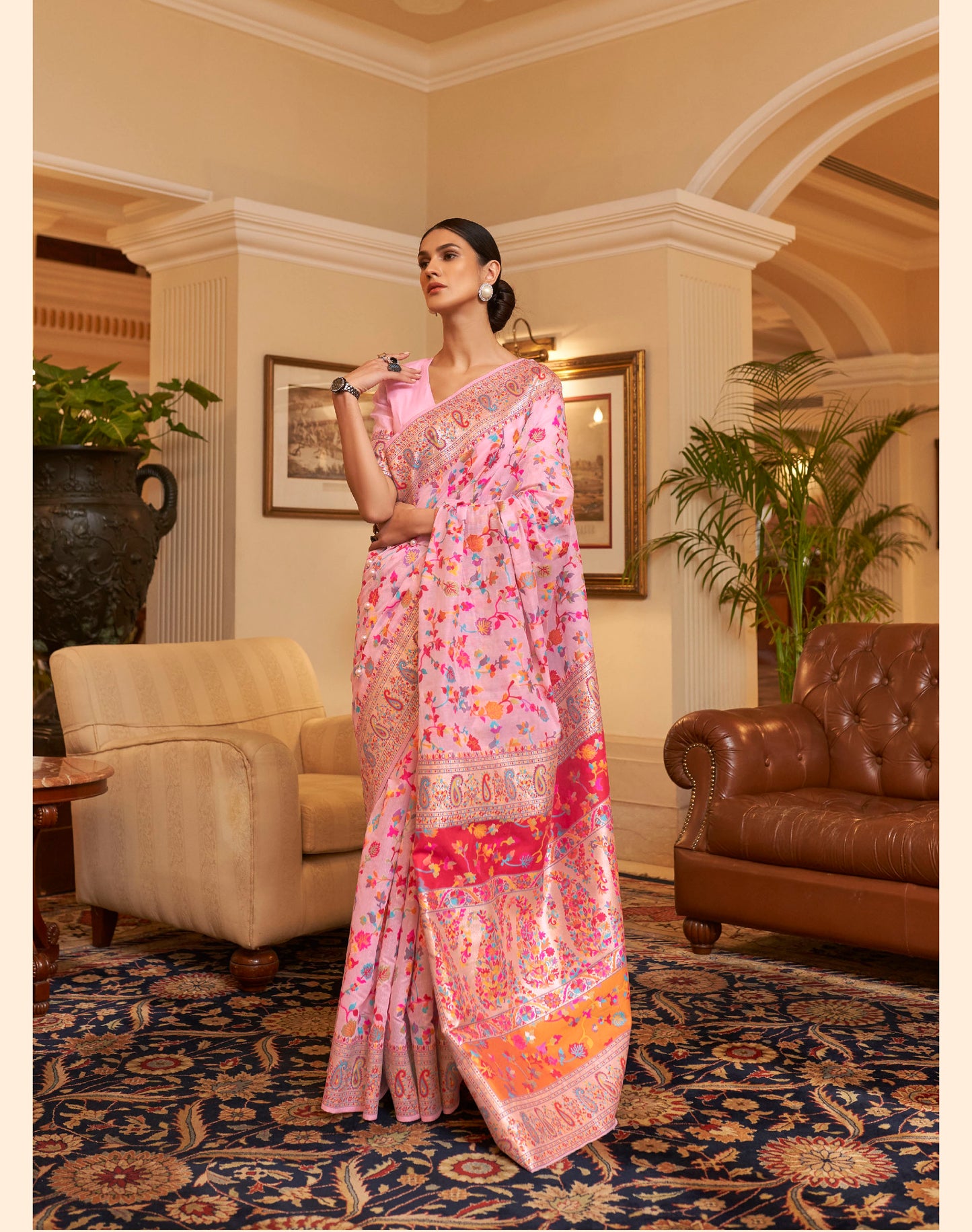 Baby Pink Kashmiri Silk Woven Saree